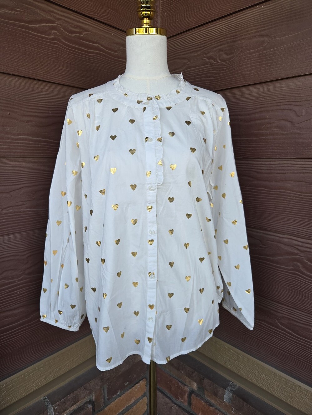 Lucky Brand White Button-Front Top with Gold Heart Print NWOT